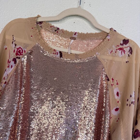 Free People Top Womens Small Shimmy & Shake Sequin Floral Flowy Boho Blouse S - Picture 2 of 11